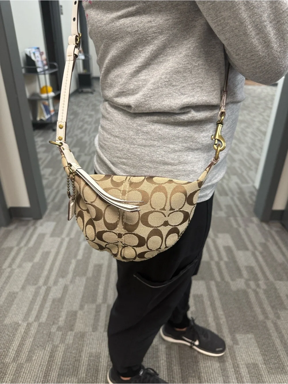 Y2K Coach Khaki/Chalk Mini Crescent Crossbody with Signature C Pattern